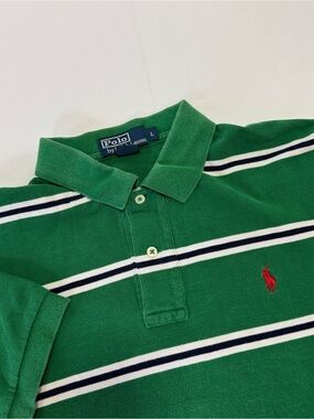 Ralph Lauren Green Polo Shirt with White and Blue Stripes and Red Pony